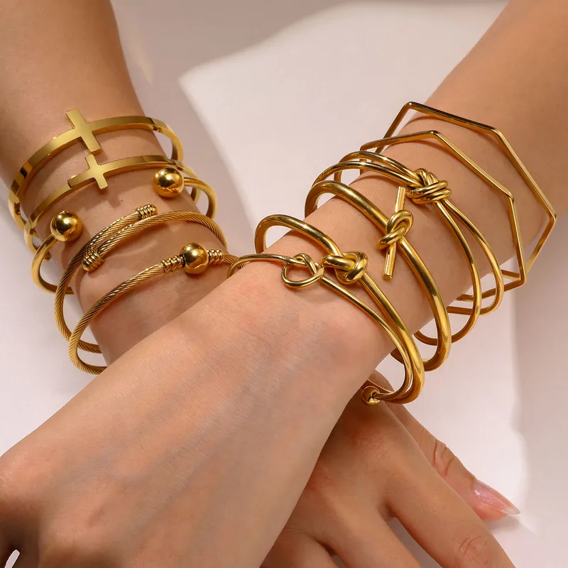 Wholesale PVD Coated Real Gold Plated 18K Gold Geometric 304 Stainless Steel Casual Streetwear Waterproof Non Tarnish Bangle