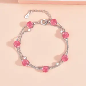 Strawberry Quartz Double-Layer Bracelet (White Gold Color)