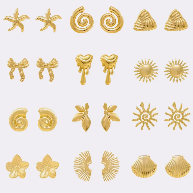 Wholesale Elegant Bohemian Style Stainless Steel Earrings Luxury Feelings French Vintage 18K Studs Floral Print Heart Shape Butterfly Knot