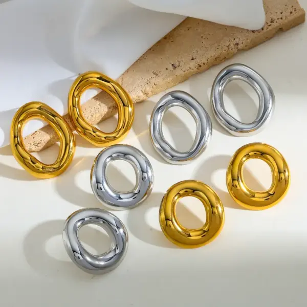 Wholesale Vacuum Electroplating (In Furnace) Plated 18K Real Gold Geometric Oval 304 Stainless Steel Stud Earrings Vintage Novelty Design