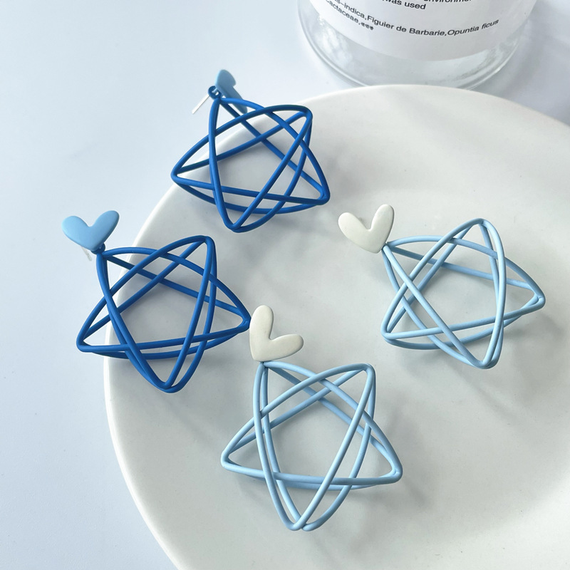 Wholesale Blue hollow five-inted star sier needle earrings