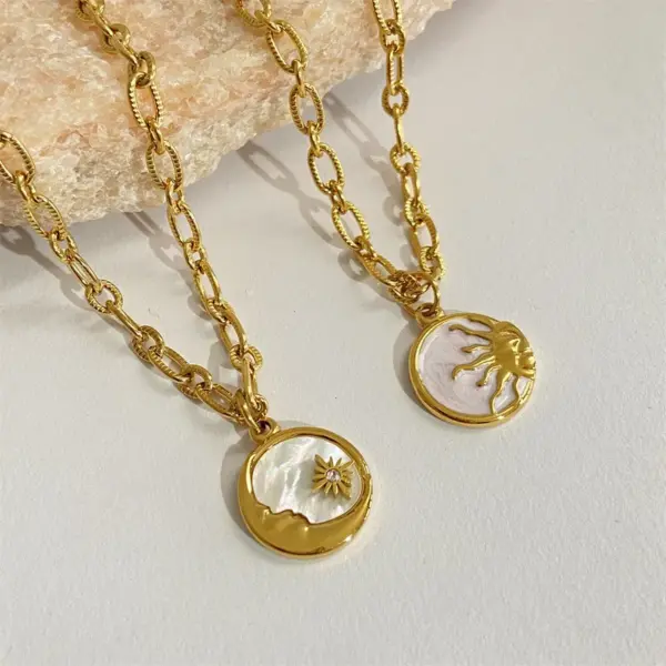 Wholesale 304 Stainless Steel 18K Gold Plated Retro Enamel Plating Sun Moon Shell Pendant Necklace