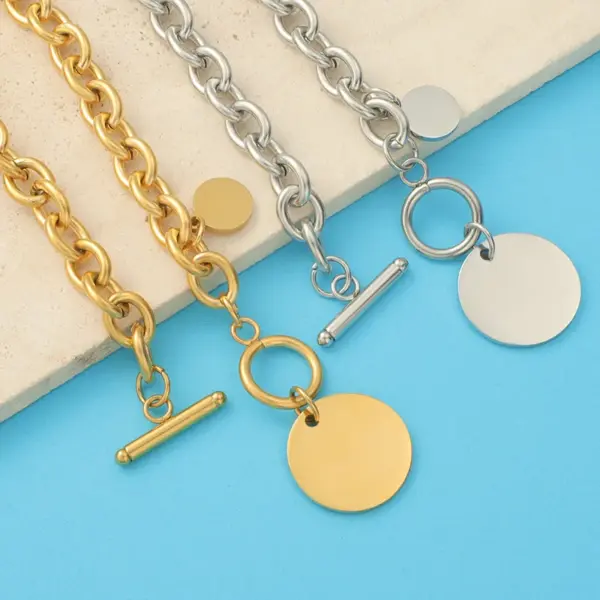 Wholesale 304 Stainless Steel Customization Laser Engraving Solid Color PVD Coated 18K Real Gold Plated Simple Style Waterproof Non Tarnish Plating Pendant Necklace