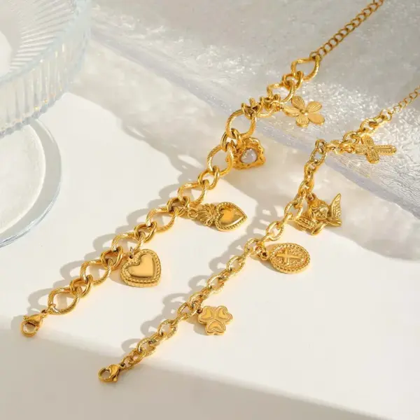 Wholesale Ion Plating (IP) 18K Gold Plated Cross Heart Shape Flower 304 Stainless Steel Elegant Religion Artistic Multi Charms Bracelet
