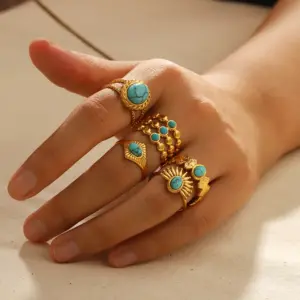 Wholesale PVD Coated Real Gold Plated 18K Gold Circle 304 Stainless Steel Retro Waterproof Non Tarnish Rings