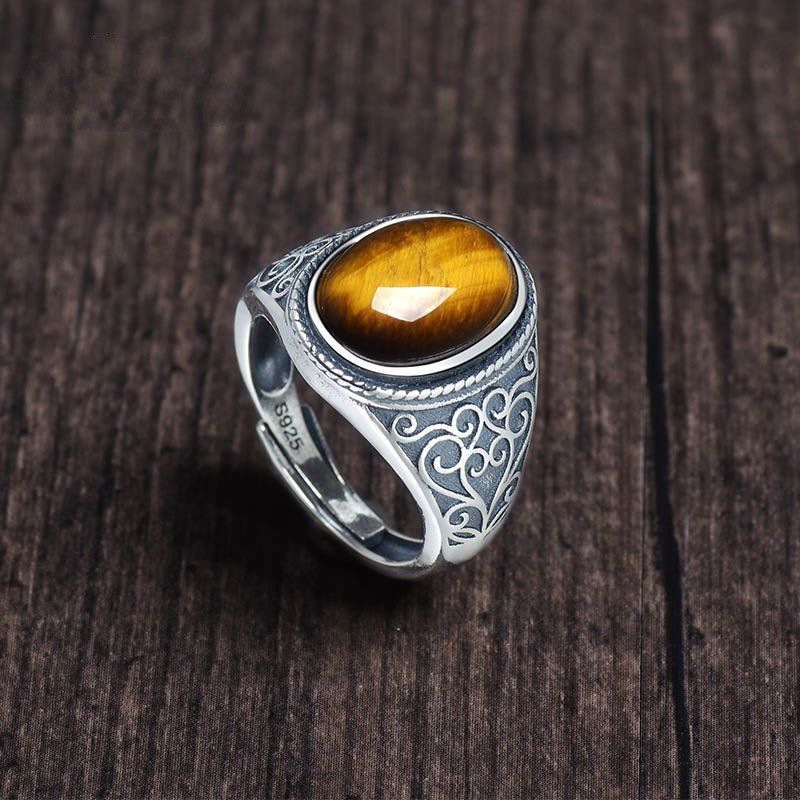 Wholesale New S925 Sier Tiger Eye Stone Live Men's Ring Retro Style Natural Gift Open Ring Gold Feel