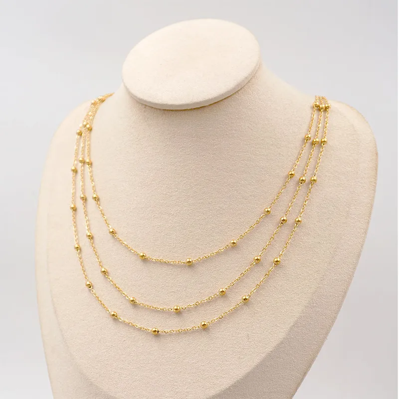 Wholesale Ferroalloy Solid Color Vacuum Plating Real Gold Plated Retro Waterproof Non Tarnish Handmade Plating Ball Chain Gold Necklace