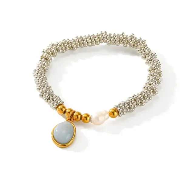 Wholesale Vacuum Electroplating (In Furnace) Plated 18K Real Gold Oval 304 Stainless Steel Freshwater Pearl Inlaid Bracelet