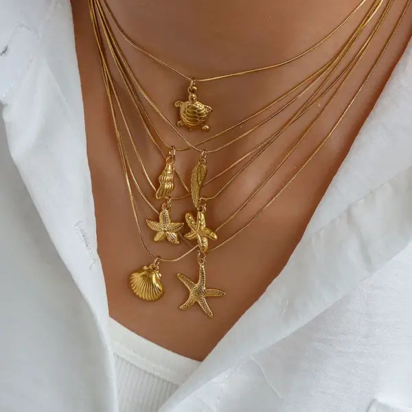 Wholesale Jewelry Exaggerated Beach Starfish Conch Shell 304 Stainless Steel Snake Chain Pendant Necklace