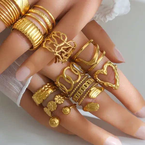 Trendy Geometric Wide Face Stainless Steel Rings Gold Plated Titanium Steel For Women Personality Hip Hop Style Adjustable Size