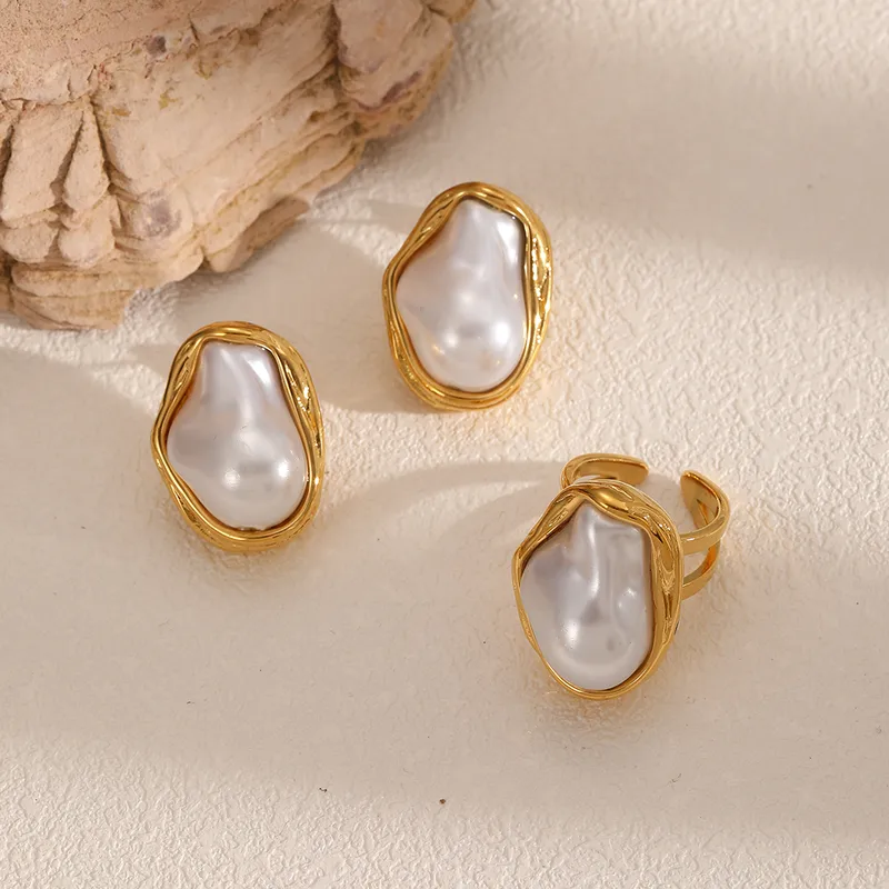 Wholesale PVD Coated Real Gold Plated Irregular 304 Stainless Steel IG Style Baroque Style Waterproof Non Tarnish 304 Stainless Steel Rings Earrings