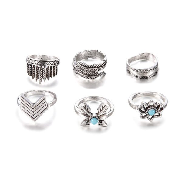 Wholesale European and American Cross-Border Popular Jewelry, Retro Carved Turquoise, Bohemian Style 6-Piece Set of Hand Jewelry Rings