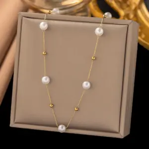 5 [Ah609] Pearl Golden Balls Necklace Gold 40 5cm