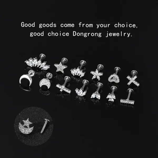 Classic Style Streetwear Geometric Moon Heart Shape Stainless Steel Copper Zircon Lip Stud Nose Studs In Bulk Nose Pin