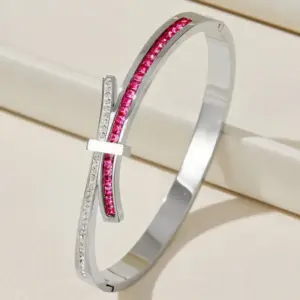 39B-C10 Steel Color Pink Diamond Imitation Bowknot Design Row Diamond Bracelet