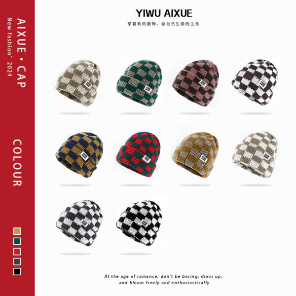 oly-1c06d55a1fe29e548df0d1f091250269 Wholesale Chessboard Plaid Knitted Hat Women's Autumn and Winter New Korean Style Niche Big Head Wool Hat Shown Face Small Warm Hat