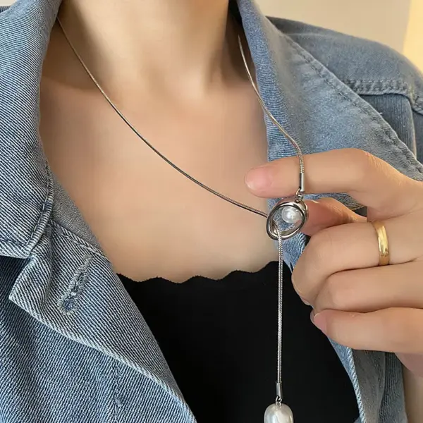 Stainless Steel Pearl Extender Chain Fashionable Simple Sweater Chain Clavicle Chain Pendant Trendy Geometric Pattern Titanium Steel Necklace For Women