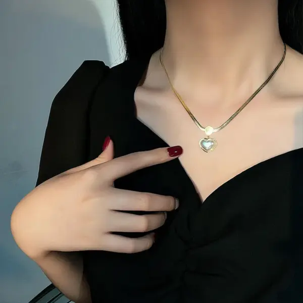 Wholesale Fashion Heart Shape Titanium Steel Inlay Pearl Earrings Necklace