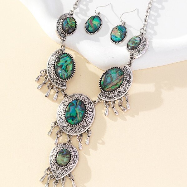Wholesale New European and American Retro Fashion Oval Flower Abalone Shell Earrings Necklace Earrings