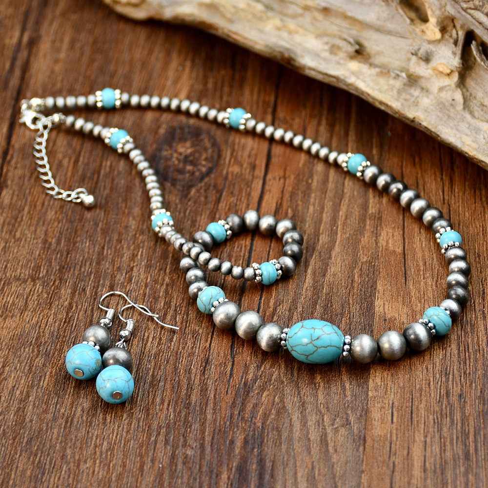 Wholesale European and American Retro Ethnic Turquoise Necklace Earrings suit Female Niche Design Ancient Sier Beaded Autumn and Winter Jewelry