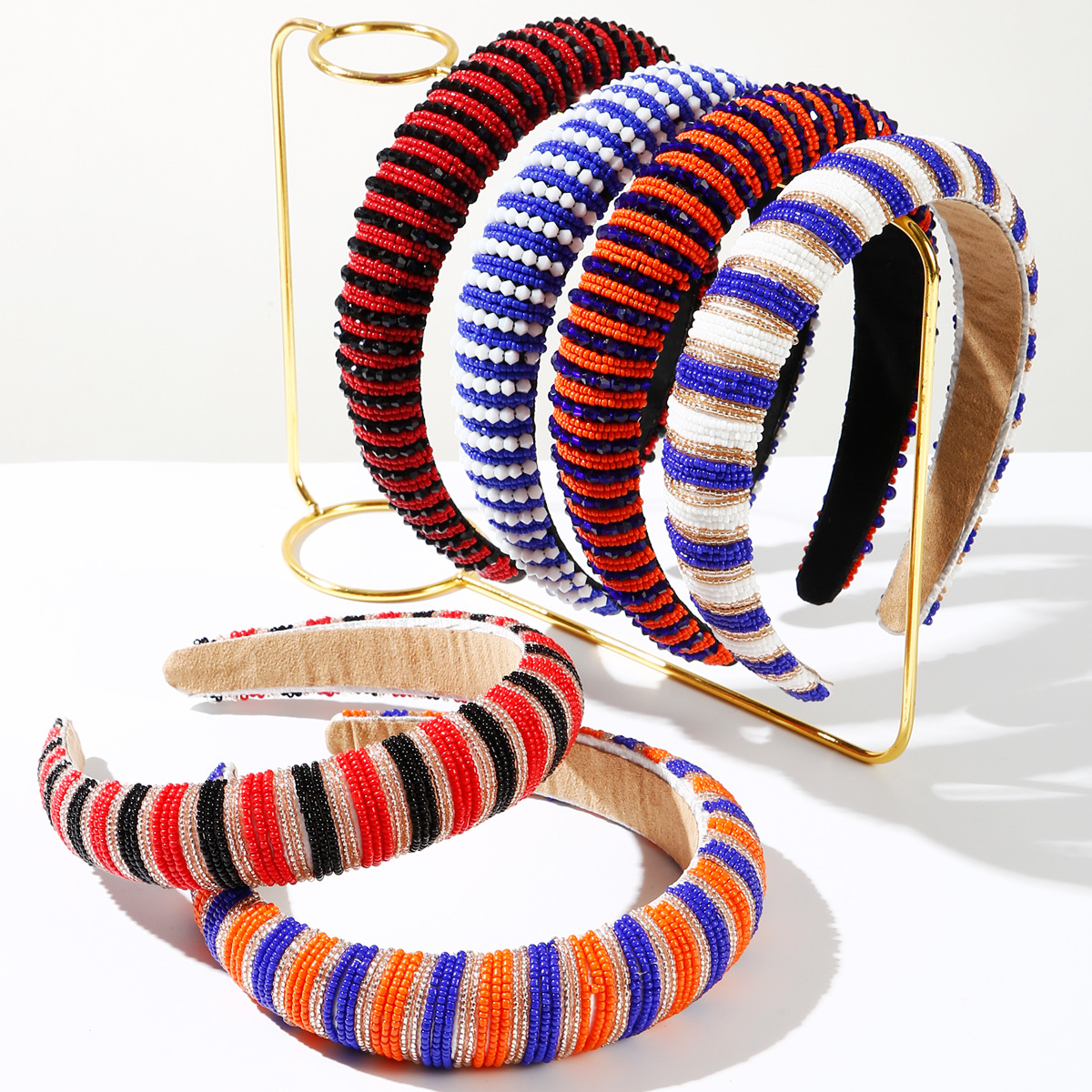 Wholesale pular European and American handmade crystal seed bead headband, unique color-blocked snge high crown, versatile and trendy hair aessory for