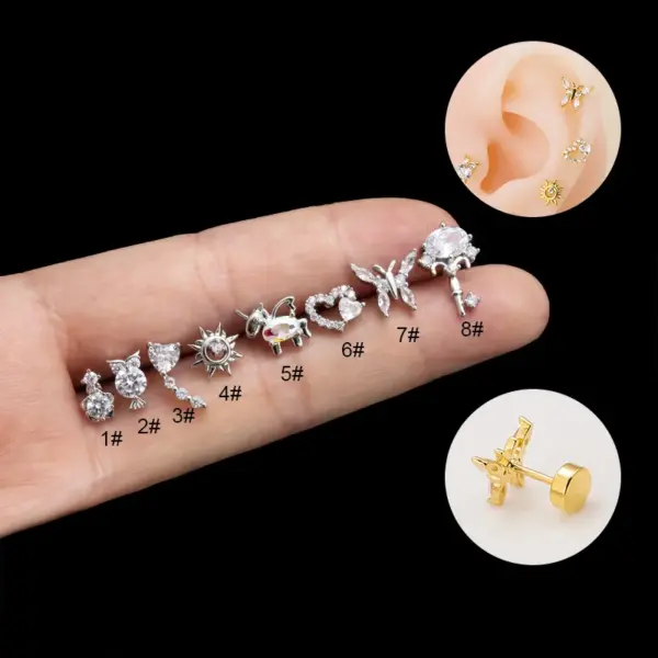 1 Piece Copper Zircon Ear Cartilage Rings & Studs Heart Shape Owl Butterfly Waterproof Non Tarnish Surgical Steel