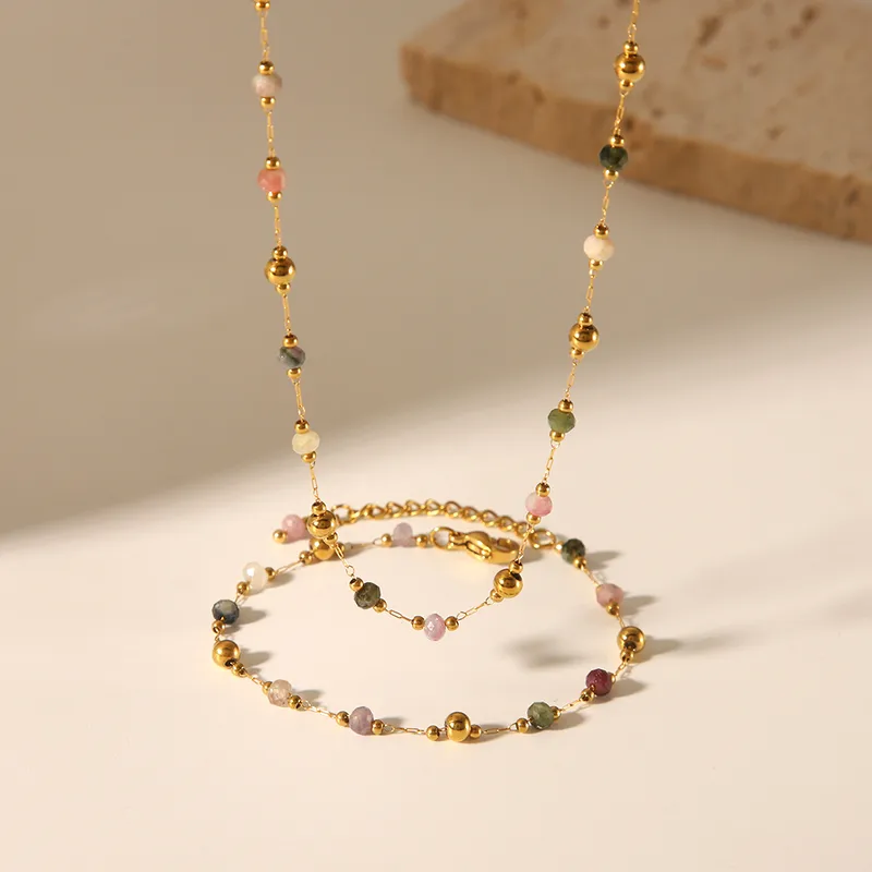 Wholesale PVD Coated Real Gold Plated 18K Gold Geometric 304 Stainless Steel Natural Stone Luxurious Simple Style Waterproof Non Tarnish Jewelry Set