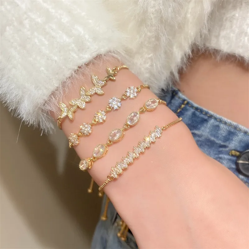Wholesale Ig Style Sweet Oval Flower Butterfly Copper 14k Gold Plated Zircon awstring Bracelets In Bulk