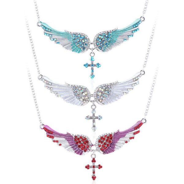 Wholesale Cross-border European and American New exaggerated fashion angel wings pendant necklace diamond wings cross temperament necklace