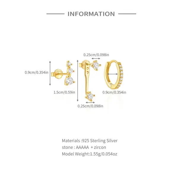 Wholesale 1 Set 925 Sterling Silver Zircon Geometric Hoop Earrings Ear Studs