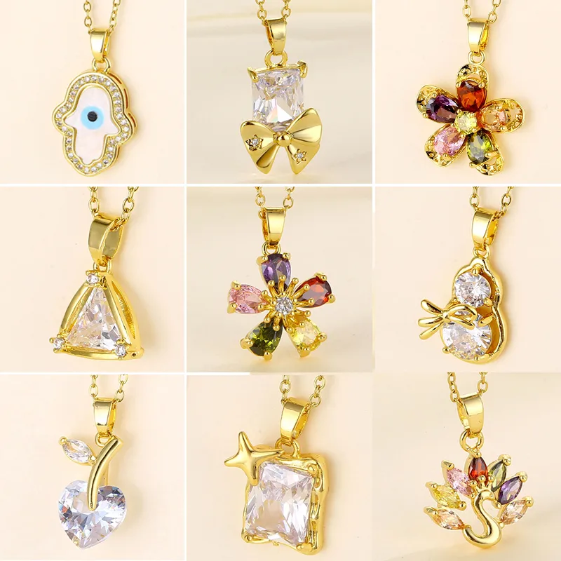 Wholesale Stainless Steel Titanium Steel 18K Gold Plated Fashion Plating Inlay Heart Shape Flower Bow Knot Zircon Pendant Necklace