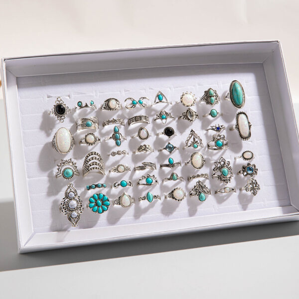 Wholesale Bohemian Inlaid Turquoise Flower Rings, Retro Geometric Lace Rings, Fourteen-Eight Mixed Batches