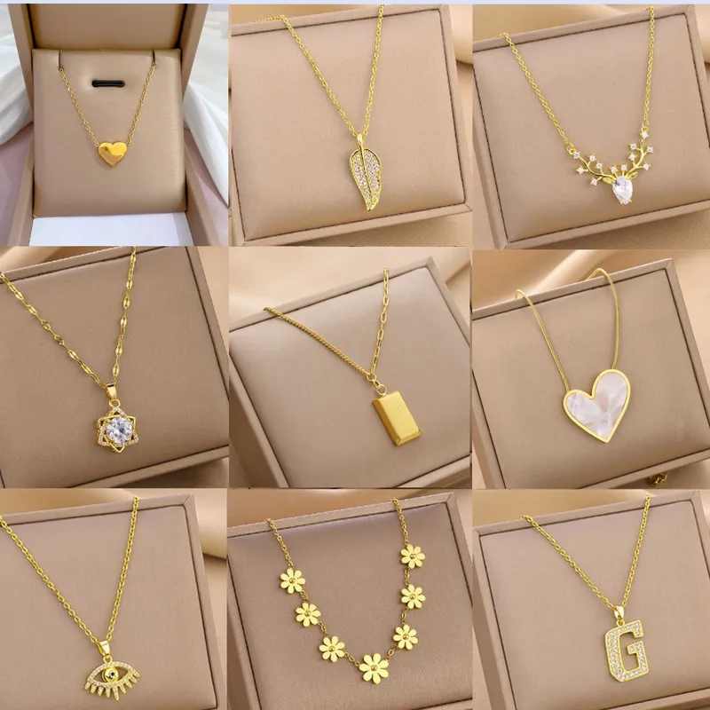 Wholesale Real Gold Plated Four Leaf Clover Devil'S Eye Deer 304 Stainless Steel Fashion Waterproof Non Tarnish Pendant Necklace