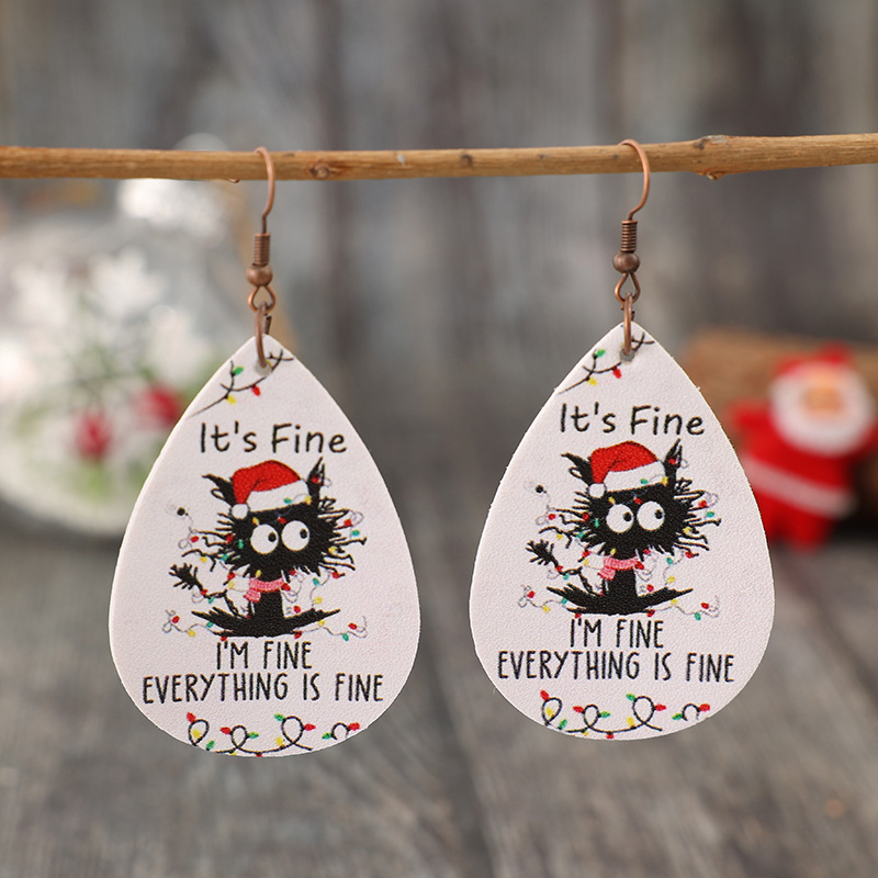 Wholesale creative Christmas funny cat Christmas hat water ops leather earrings