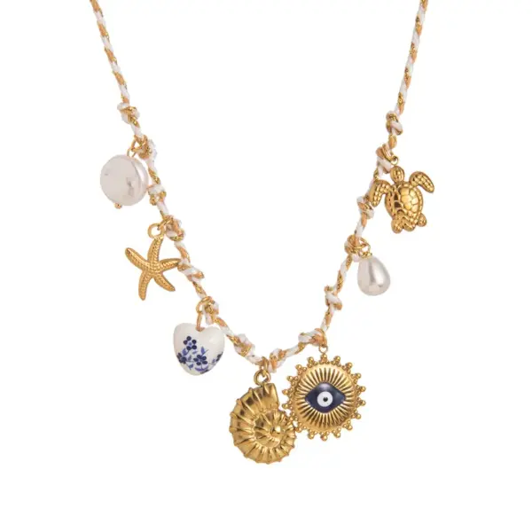 Wholesale Vacuum Plating 18K Gold Plated Starfish Heart Shape Butterfly 304 Stainless Steel Vintage Style Simple Style Chain Lobster Trigger Clasp Closure Multi Charms Necklace