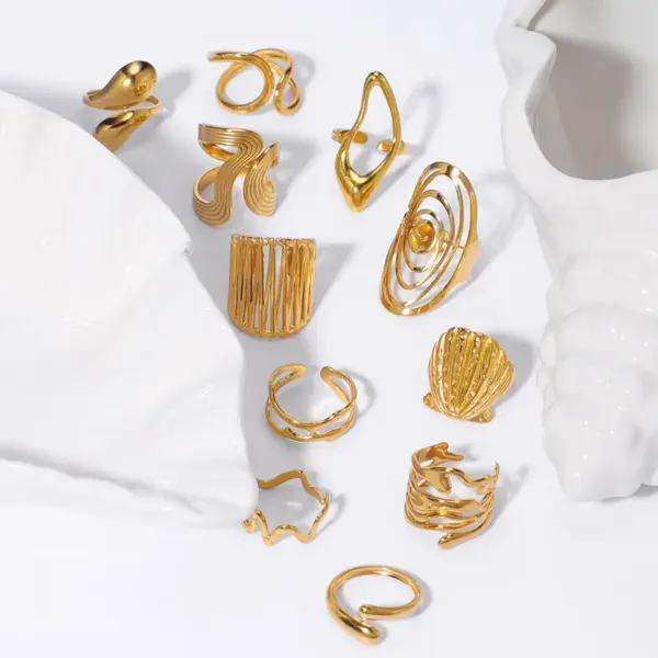 Wholesale 304 Stainless Steel Pentagram Geometric Spiral Stripe PVD Coated 18K Gold 18K Real Gold Plated Real Gold Plated Vintage Style Modern Style Simple Style Waterproof Non Tarnish Rings