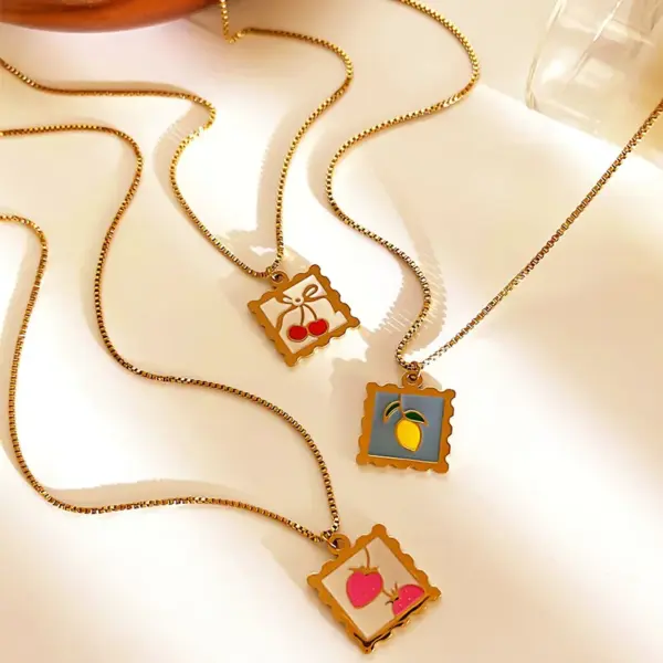 PVD Coated Real Gold Plated 18K Gold Lemon Cherry Strawberry 316L Stainless Steel Retro Sweet Waterproof Non Tarnish Surgical Steel Pendant Necklace