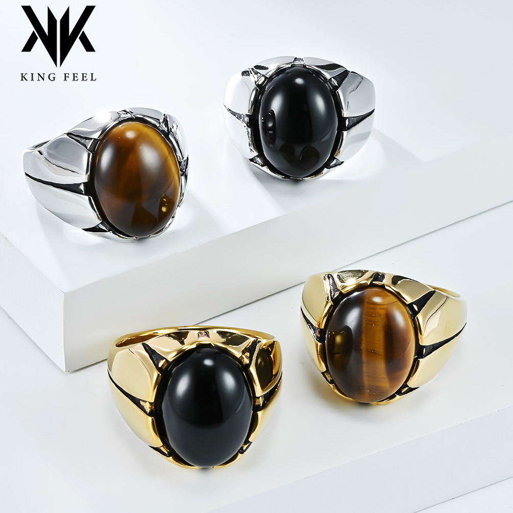 Wholesale Cross-border European and American Retro Tiger Eye Titanium Steel Ring Men's Oval E-shaped Black Gem Stainless Steel Bracelet
