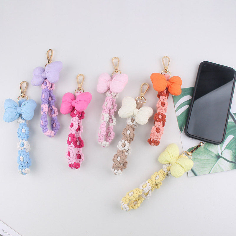 Wholesale Ins Cotton-Filled Bow Mobile Phone Pendant Braided Mobile Phone Chain Small Flower Braided Rope Keychain Bag