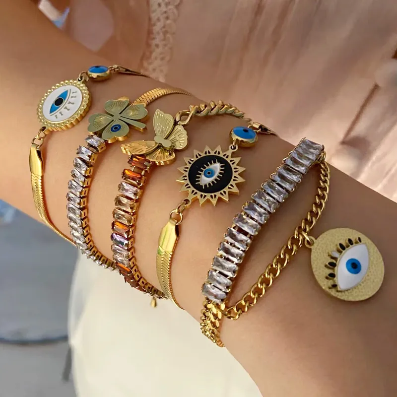 Wholesale PVD Coated 18K Gold Real Gold Plated Four Leaf Clover Devil'S Eye Butterfly Stainless Steel Casual Simple Style Waterproof Non Tarnish 304 S