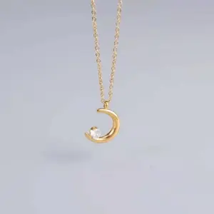 Wholesale PVD Coated Real Gold Plated Moon Titanium Steel Fashion Waterproof Non Tarnish Pendant Necklace