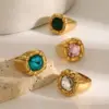 Wholesale 304 Stainless Steel Geometric PVD Coated Glass 18K Real Gold Plated Real Gold Plated Formal Classic Style Artistic Waterproof Non Tarnish Inlay Rings