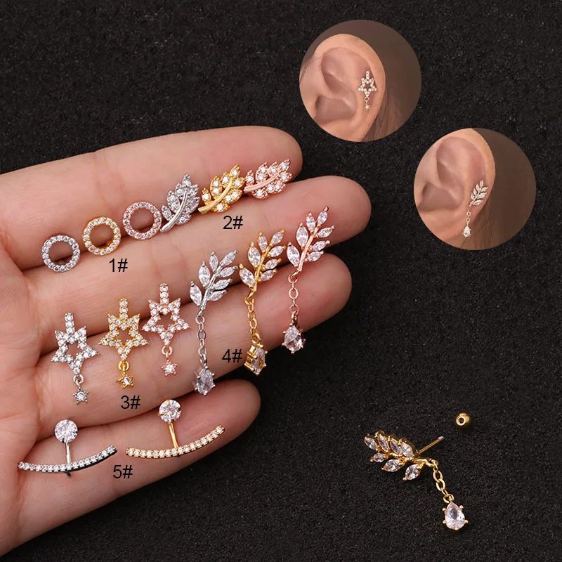 Wholesale 316L Stainless Steel Copper Zircon Ear Cartilage Rings & Studs Leaf Waterproof Non Tarnish Surgical Steel