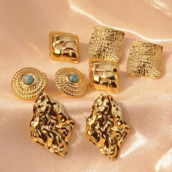 Wholesale 304 Stainless Steel Plastic Geometric Quadrilateral Round Electroplating December Birthstone Turquoise Imitation Gold Hip-Hop Novelty Tropical Inlay Multicolor-Golden Yellow Ear Studs