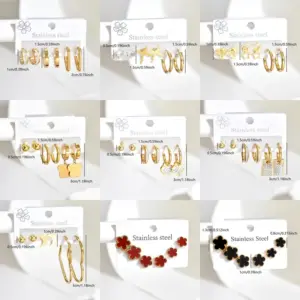 Wholesale Three Pairs Fashion 304 Stainless Steel Geometric Heart Flower Rectangle Three-Dimensional Hoop Earrings Set For Women Daily 18K Gold Plated