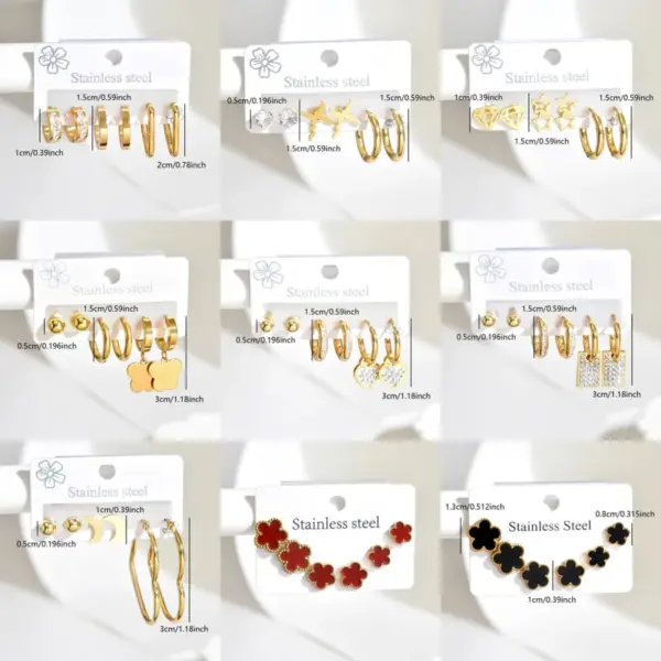 Wholesale Three Pairs Fashion 304 Stainless Steel Geometric Heart Flower Rectangle Three-Dimensional Hoop Earrings Set For Women Daily 18K Gold Plated