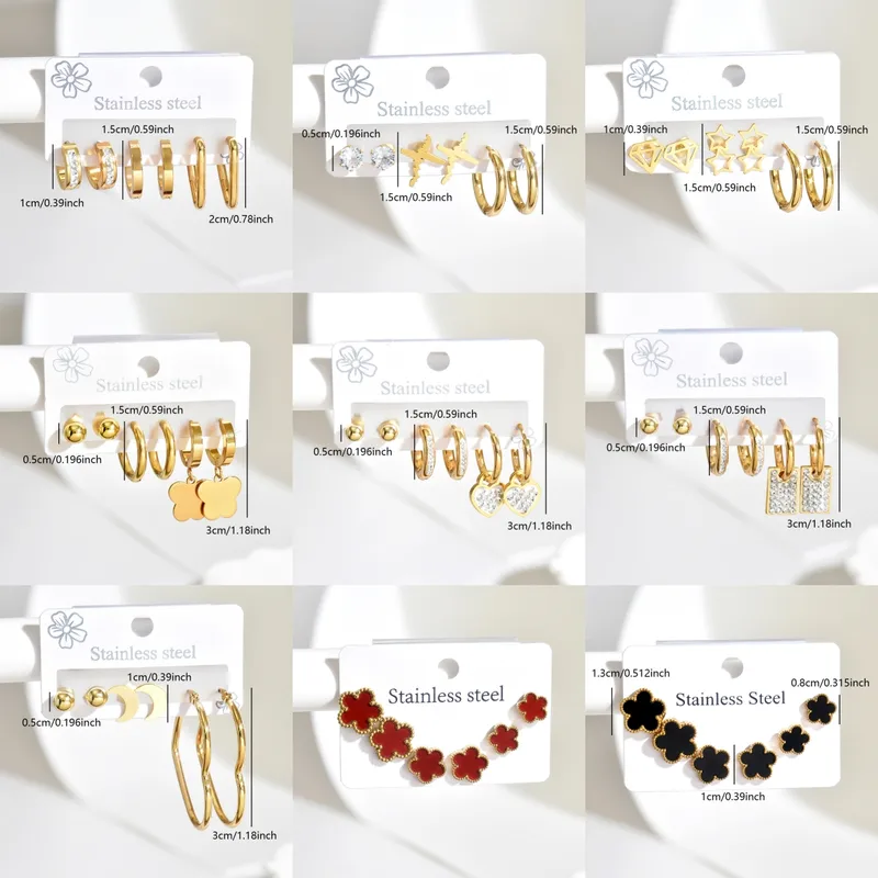 Wholesale Three Pairs Fashion 304 Stainless Steel Geometric Heart Flower Rectangle Three-Dimensional Hoop Earrings Set For Women Daily 18K Gold Plated