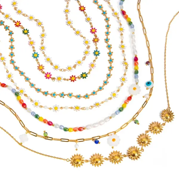 Wholesale 304 Stainless Steel Colorful Daisy PVD Coated 18K Real Gold Plated Real Gold Plated Sweet Classic Style Waterproof Non Tarnish Beaded Enamel Colour Necklace