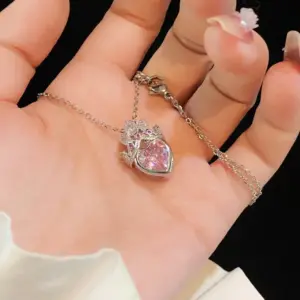 YXL9208 Pink Diamond Crown Necklace / Steel Color