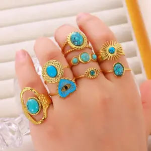 Wholesale Jewelry Retro Devil's Eye Heart Shape 304 Stainless Steel Turquoise Plating Open Rings